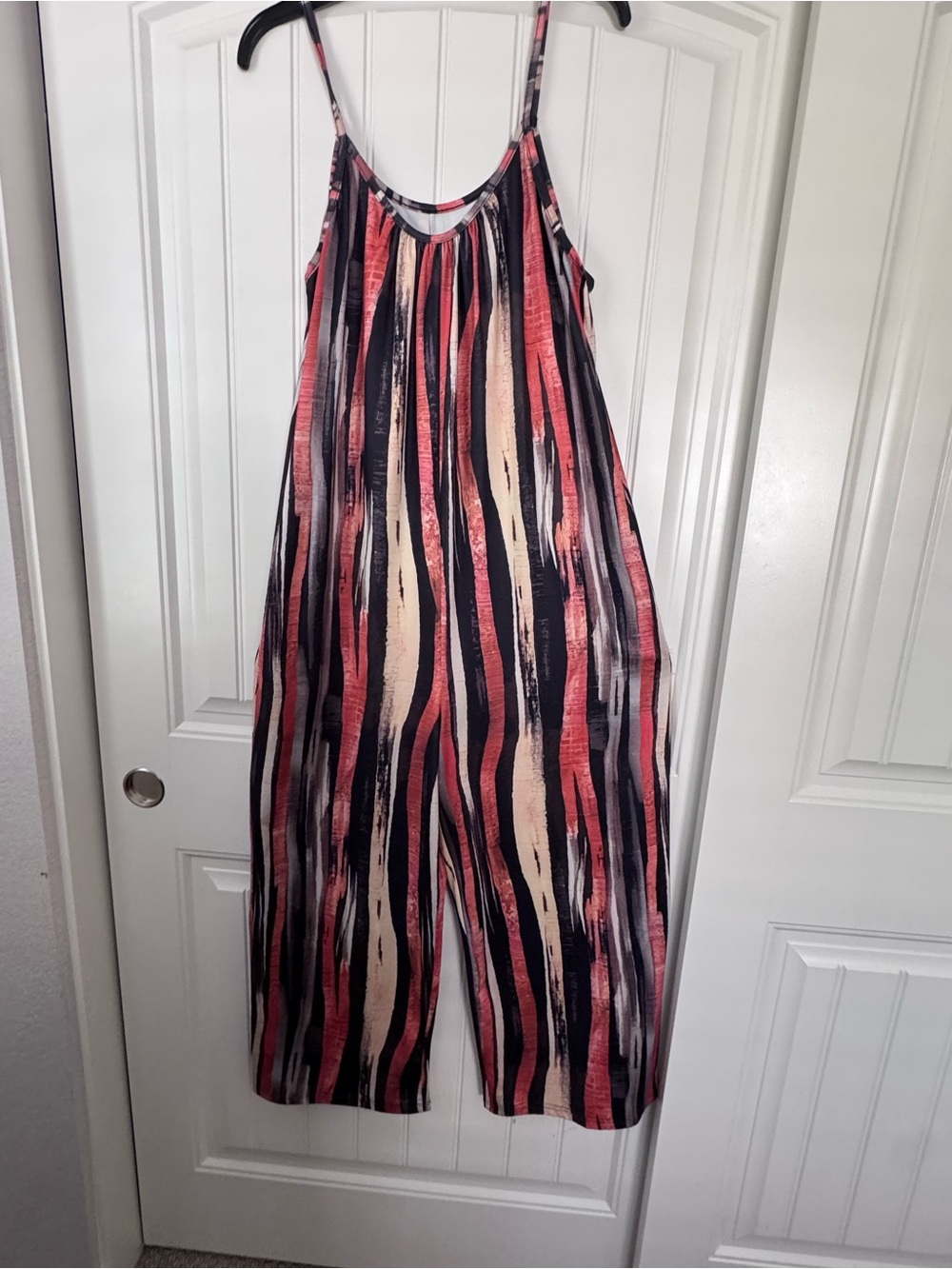 SHEIN Striped Wide-Leg Jumpsuit in Coral, Black & Cream